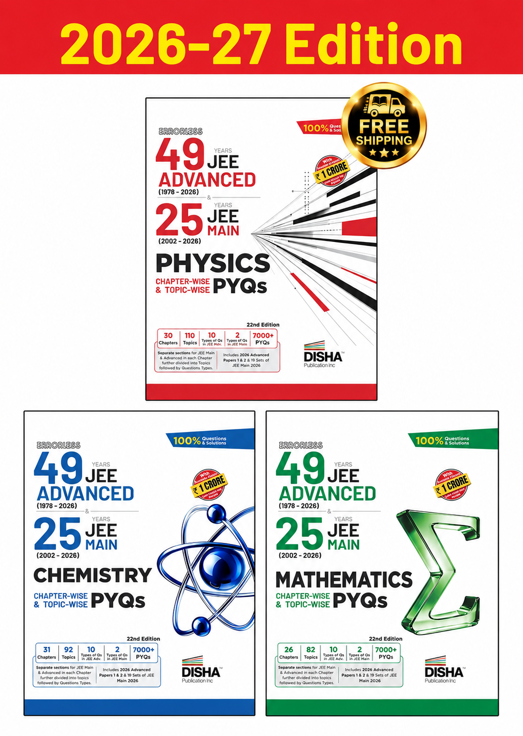 Disha Combo (3 Books) Errorless 49 Years JEE Advanced (1978 - 2026) & 25 Year JEE Main (2002 - 2026) PHYSICS, CHEMISTRY & MATHEMATICS Chapter-wise & Topic-wise PYQs 22nd Edn | Free shipping